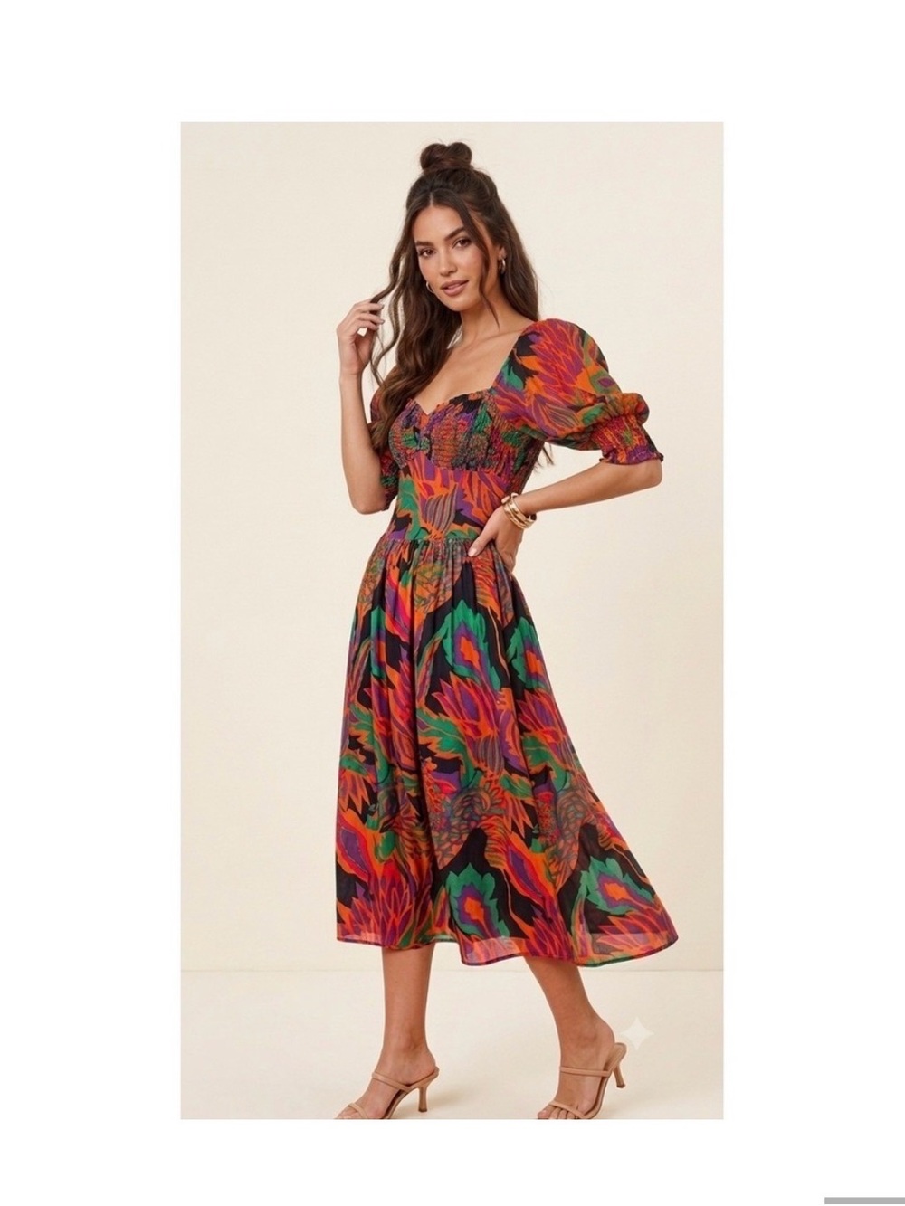 House of Harlow 1960 Tropical Floral Smocked Puff Sleeve Midi Dress with Pockets